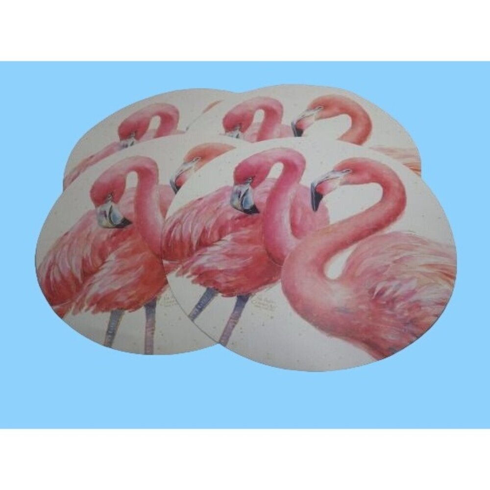 Flamingo Placemats Round Reversible Signed Lisa Audit Coastal Beachy USA Lot 4